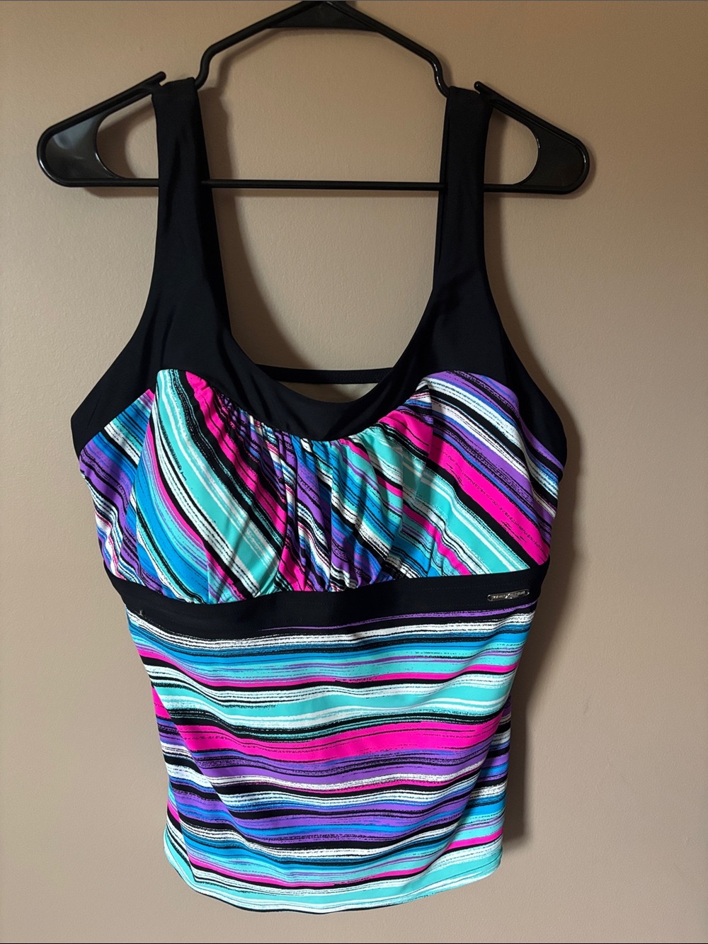ZeroXposur Black Tankini Top with Teal, Pink & Purple Stripes